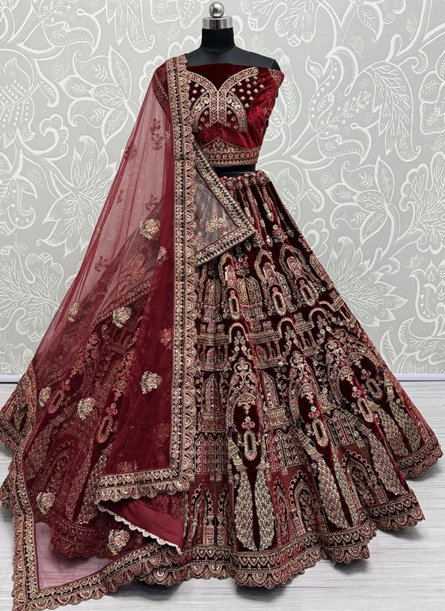 Velvet Red Bridal Wear Embroidery Work Lehenga Choli